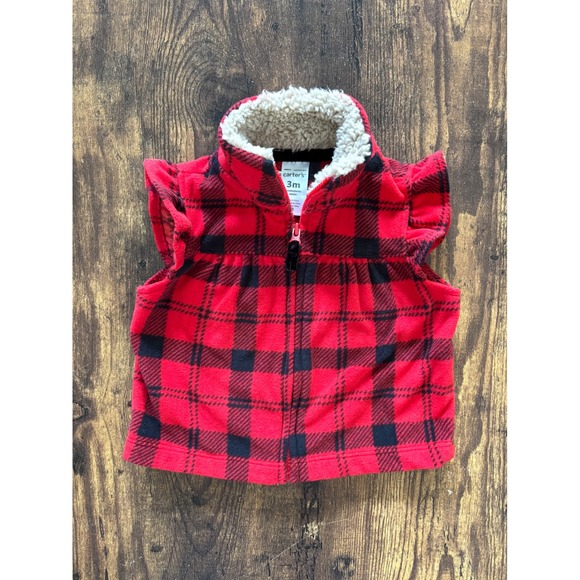 Carter's Other - Carters Baby Girl Red Black Buffalo Plaid Fleece Vest Sherpa Collar Ruffle 3M